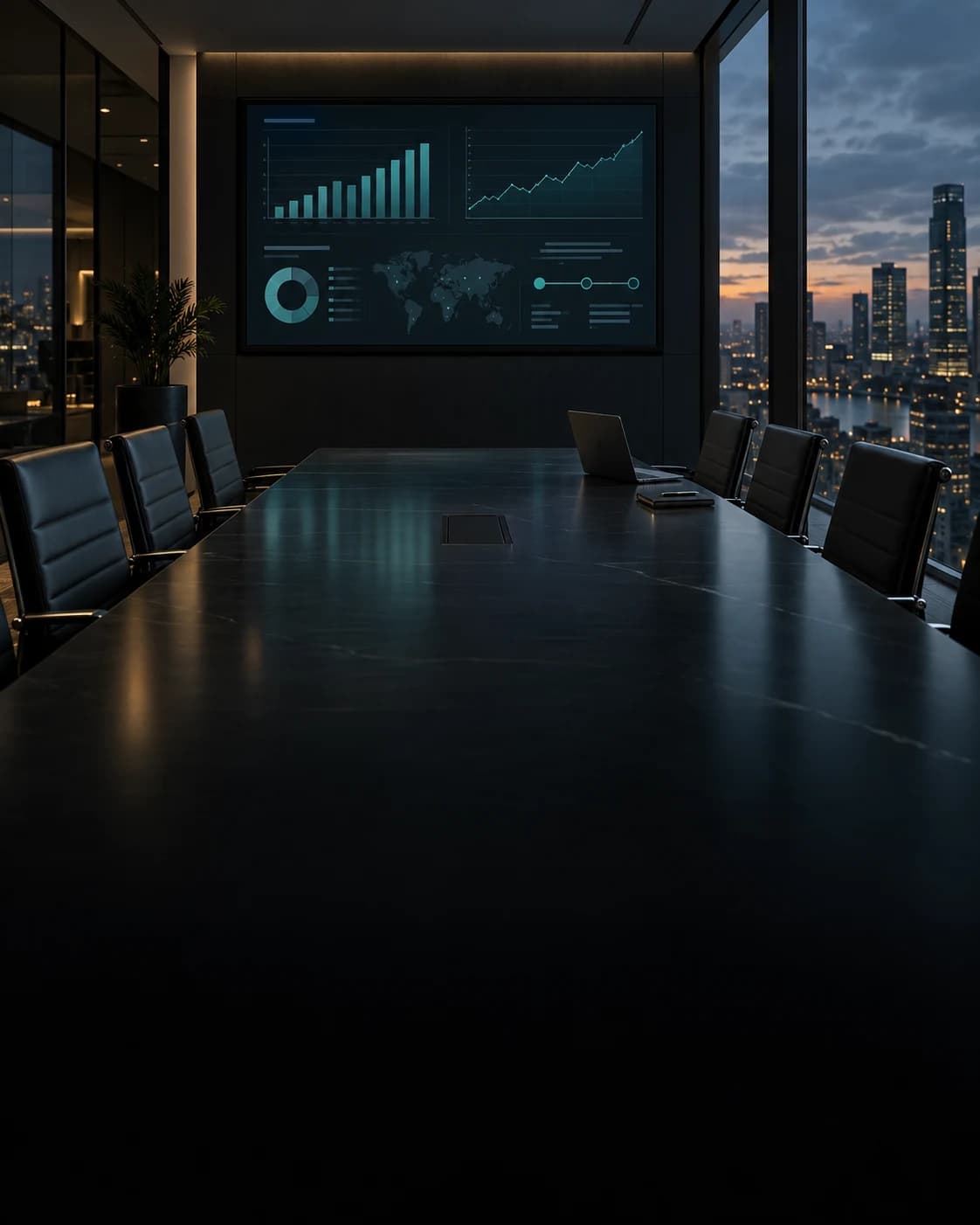 Corporate boardroom with an executive dashboard and dark conference table