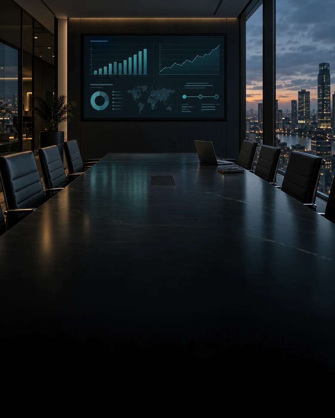 Corporate boardroom with an executive dashboard and dark conference table