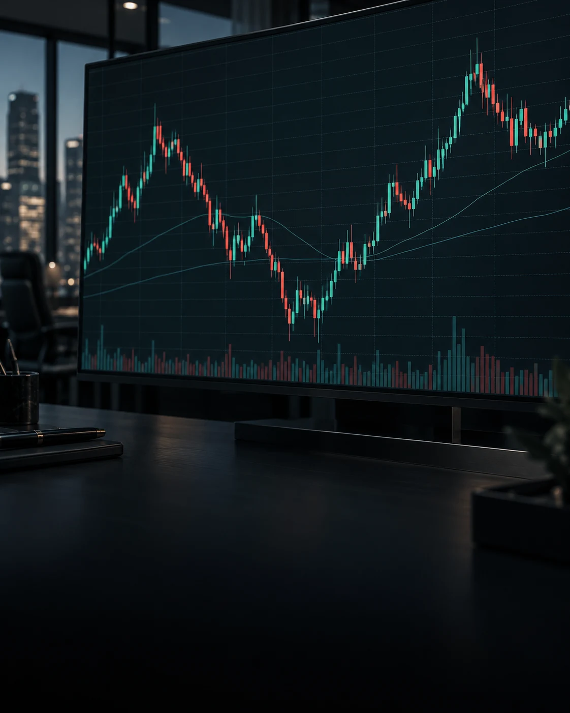 Teal and red candlestick market charts on an investment trading monitor